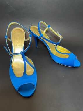 J. CREW Vintage Vibrant Blue Classy Satin T-Strap Peep-Toe 3-Inch Formal Heels